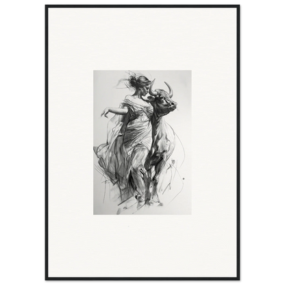 Dynamic charcoal sketch of two figures dancing in flowing dresses, Forest Flame Dance framed wall art