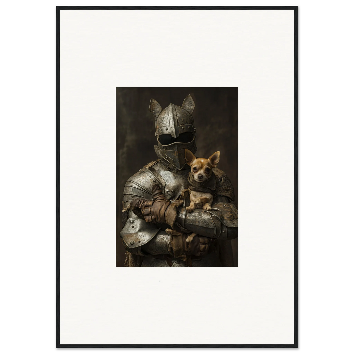 Medieval knight in plate armor and Corgi in Serene Steel Whispers framed wall art