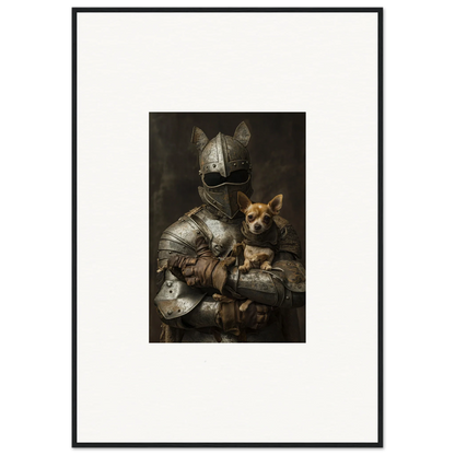 Medieval knight in plate armor and Corgi in Serene Steel Whispers framed wall art