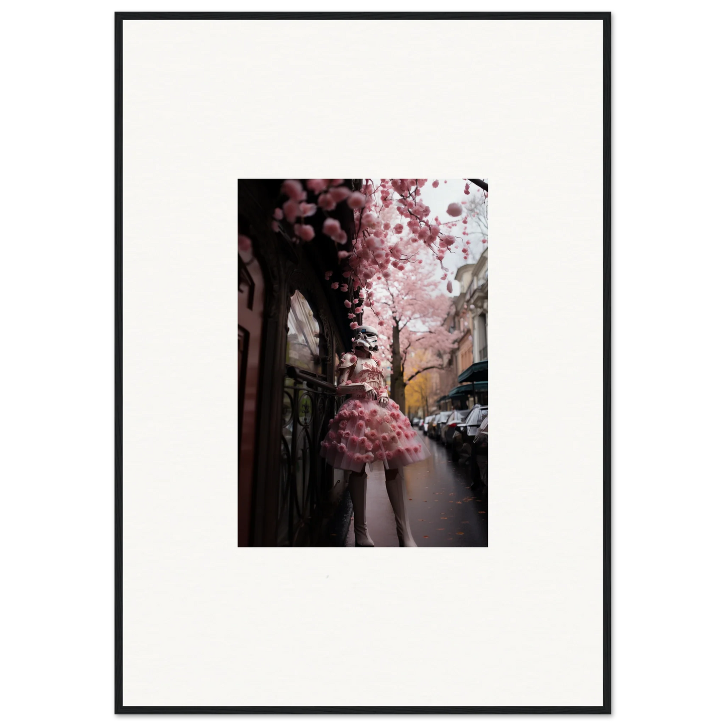 Cherry blossom tree with pink petals overhanging a street in Petal Eccentricity Revealed art