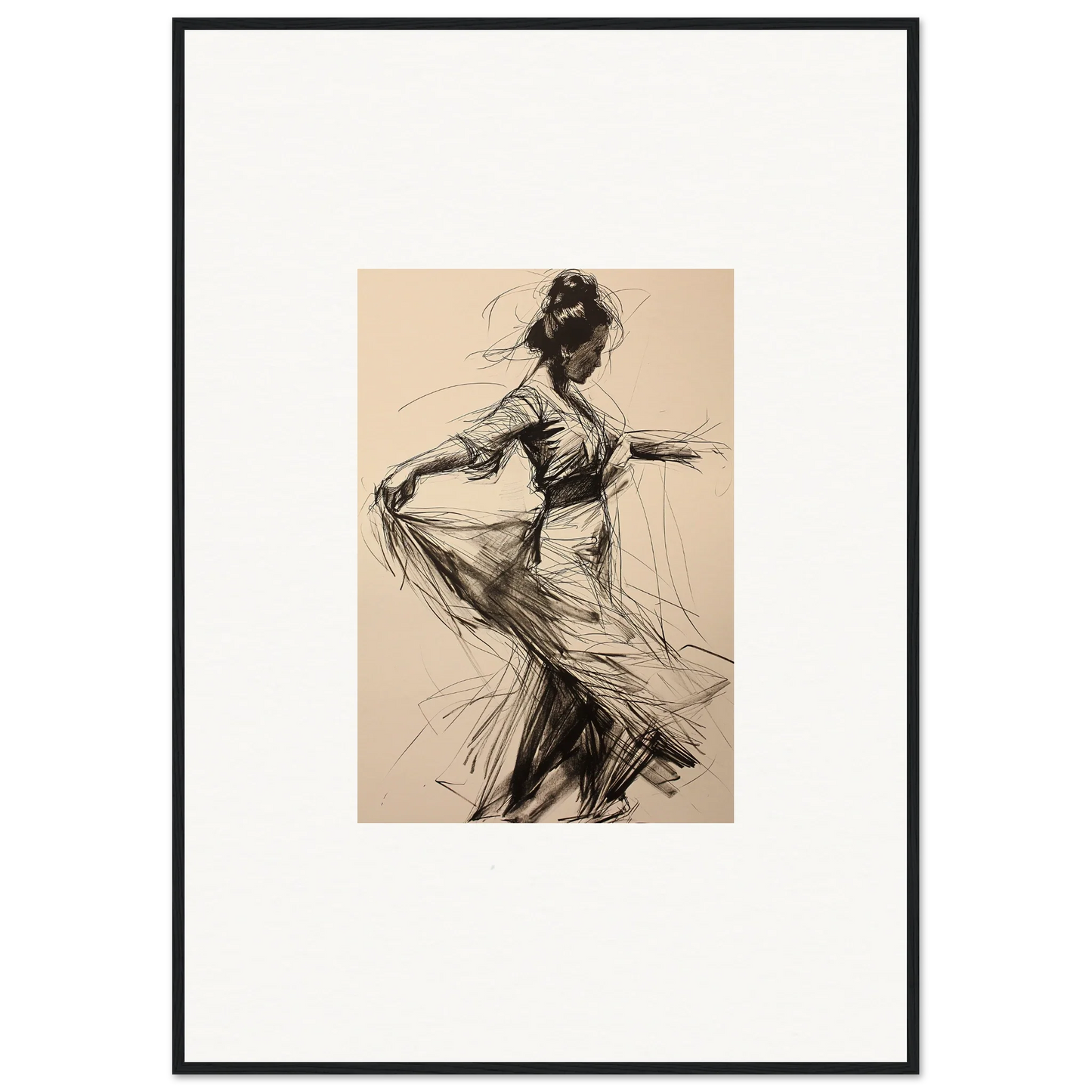 Expressive charcoal sketch of a dancer in flowing dress for Ephemeral Motion Whispers