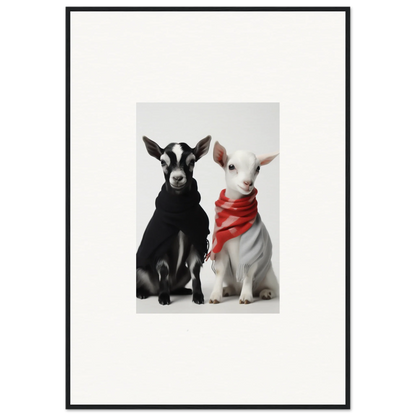 Two goats in red bandanas chill together in Rainbow Twin Dreams framed wall art