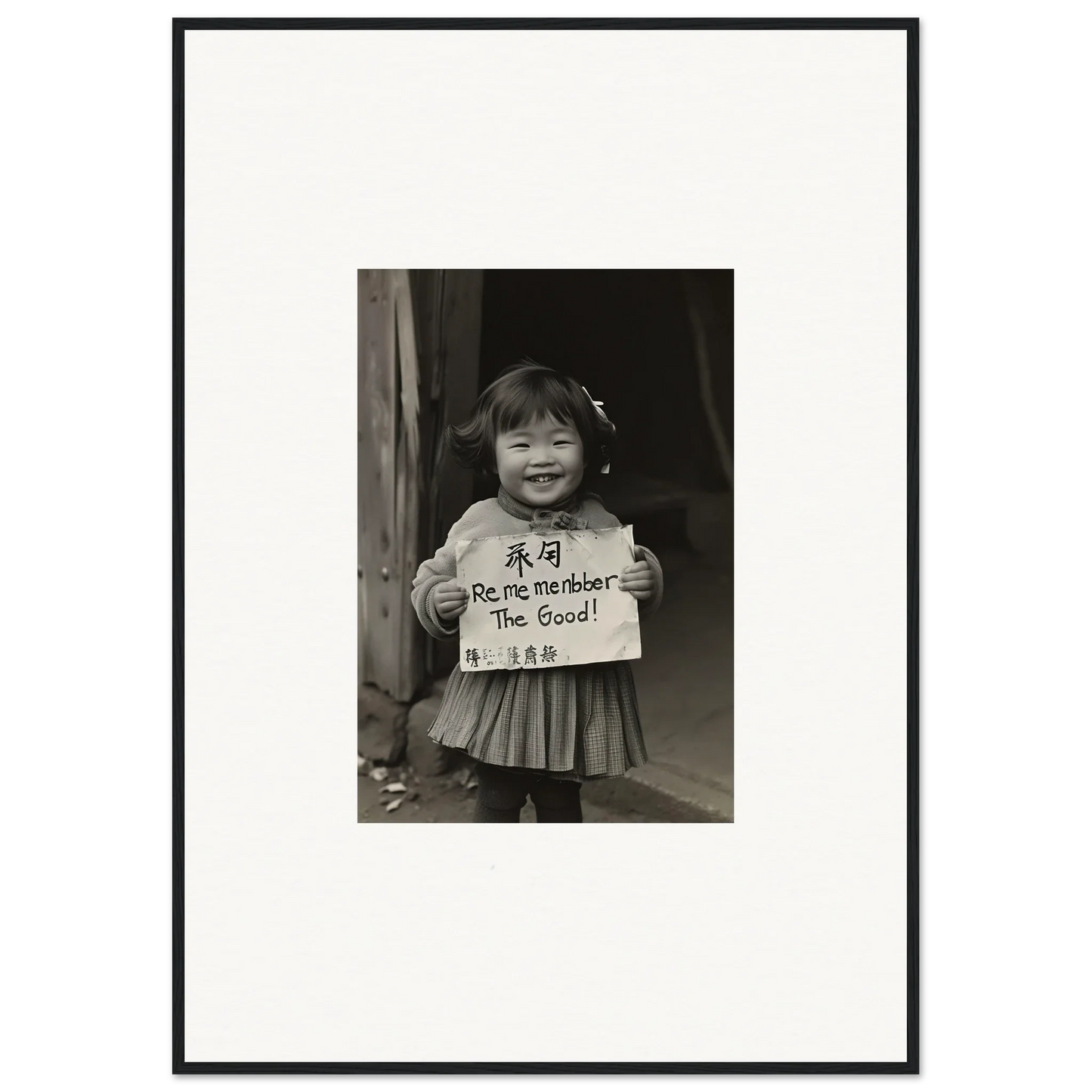 Smiling child with sign in black and white for Ephemeral Joy Imbibed framed wall art