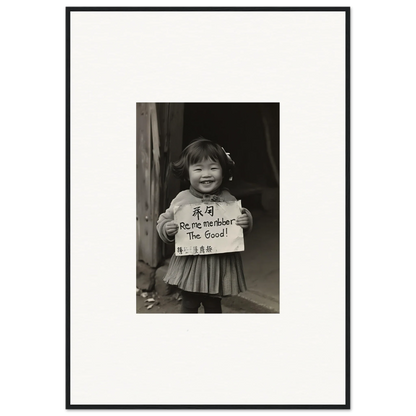 Smiling child with sign in black and white for Ephemeral Joy Imbibed framed wall art