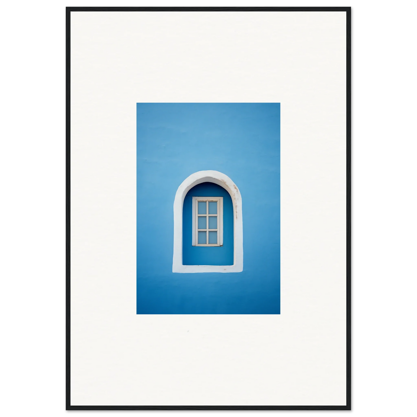 Arched white window frame on blue wall featuring Whispers Sky Mosaic special edition art™