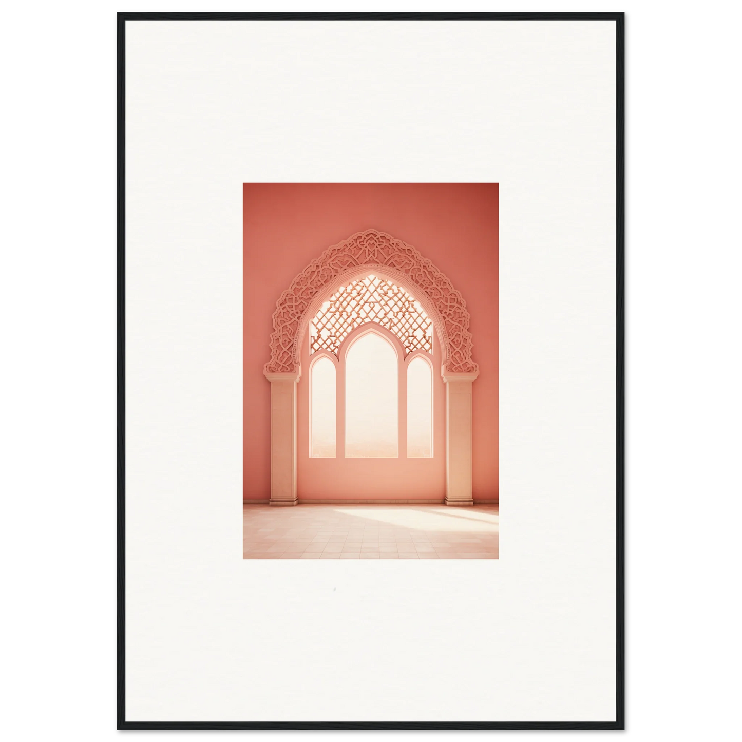 Ornate arched doorway in coral pink for Versaille Sunset Reimagined framed wall art