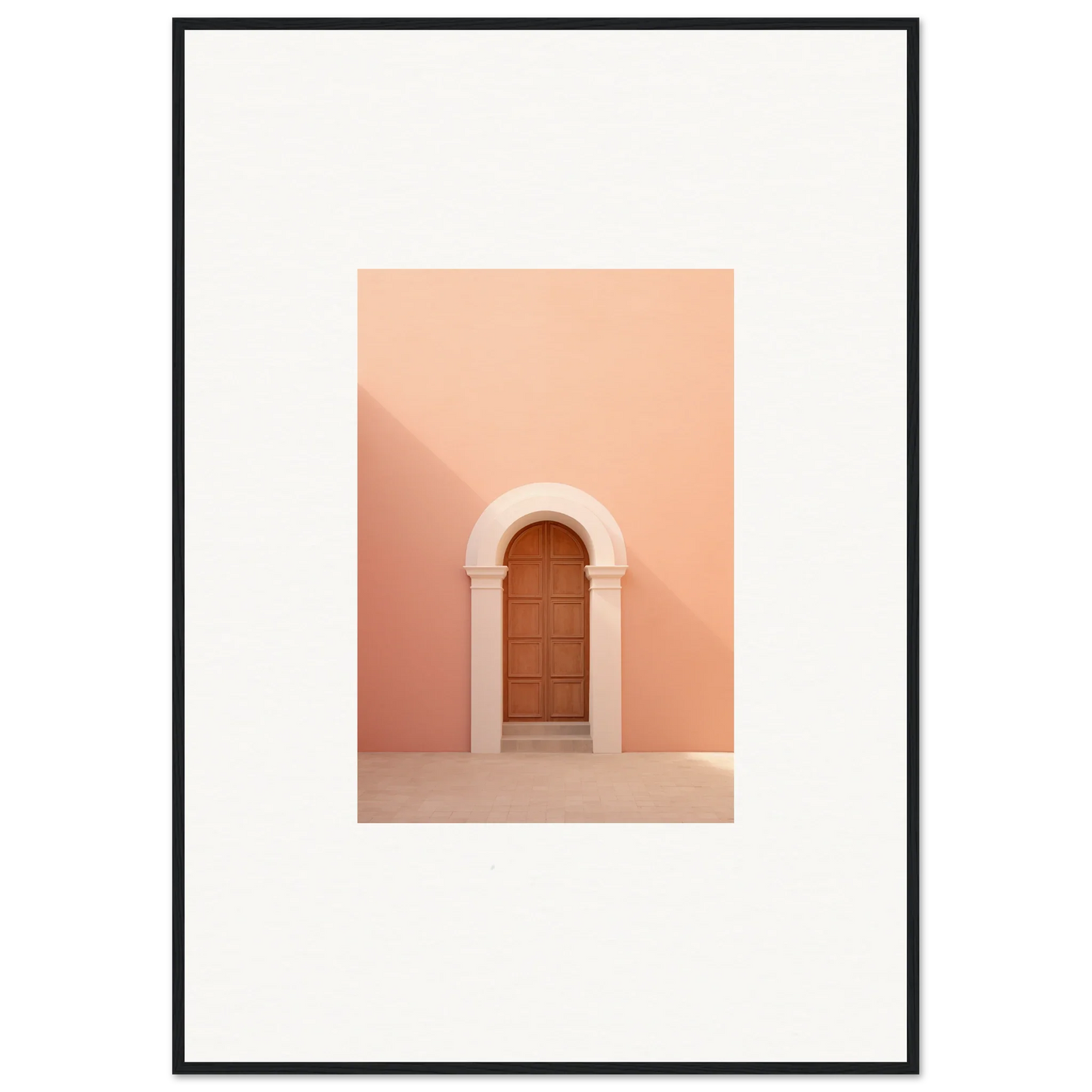 Wooden door in a curved white arch on a peachy wall, part of Silent Coral Dreams