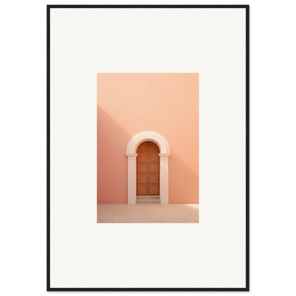 Wooden door in a curved white arch on a peachy wall, part of Silent Coral Dreams