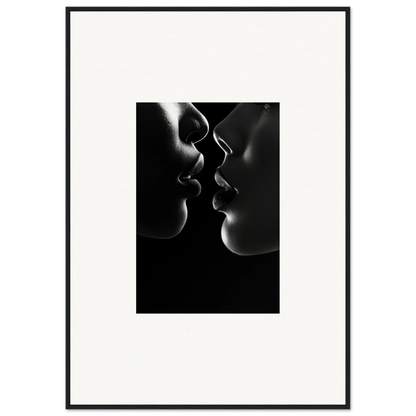 Two silhouetted profiles about to kiss in black and white, Midnight Kiss Darkness art