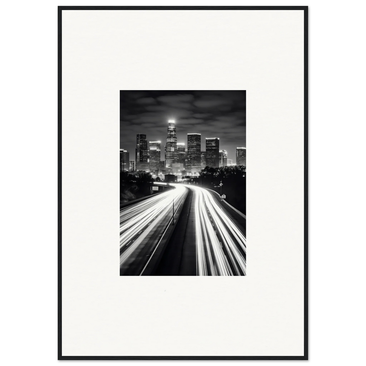 Black and white cityscape with light trails, perfect for framed wall art in Steel Framed Wall