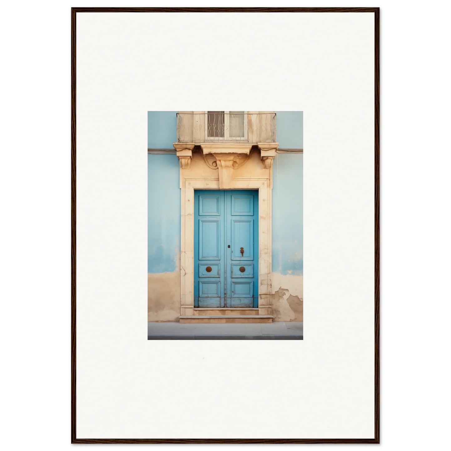 Bright blue wooden door with ornate stone trim, featured in Ephemeral Dreamscape Doorway