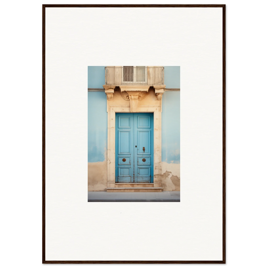 Bright blue wooden door with ornate stone trim, featured in Ephemeral Dreamscape Doorway