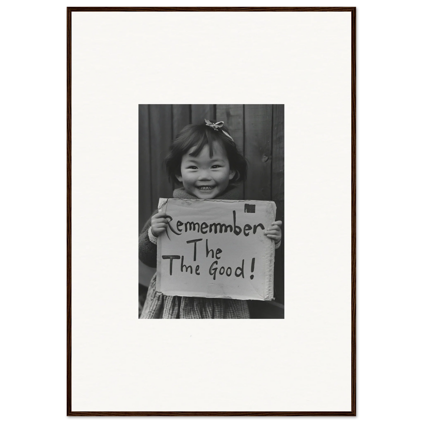 Child with a sign reading Remember The Good in Timeless Joy Parade framed wall art