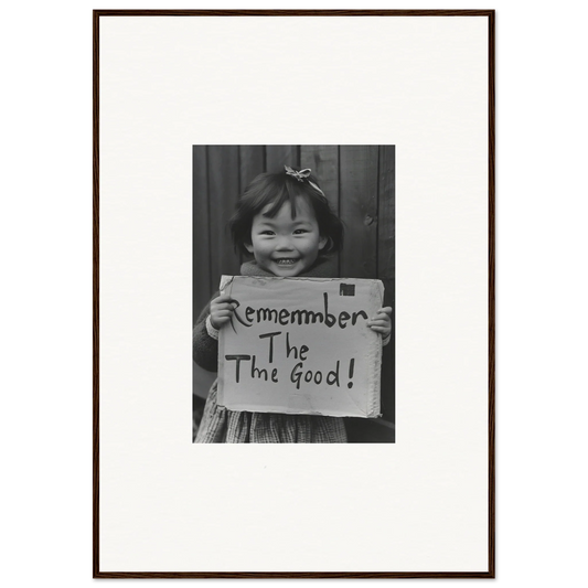 Child with a sign reading Remember The Good in Timeless Joy Parade framed wall art