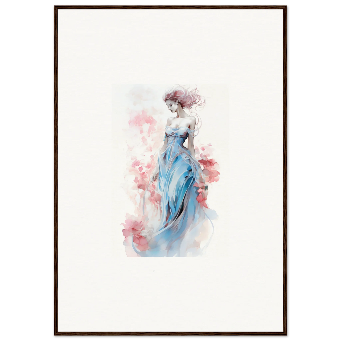 Watercolor wall art of an elegant woman in a blue dress for stylish room decoration