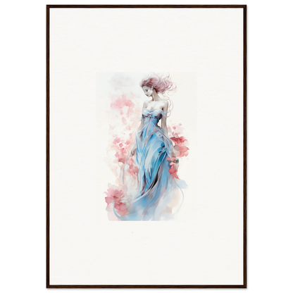 Watercolor wall art of an elegant woman in a blue dress for stylish room decoration