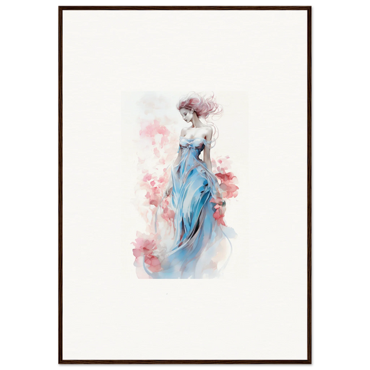 Watercolor wall art of an elegant woman in a blue dress for stylish room decoration