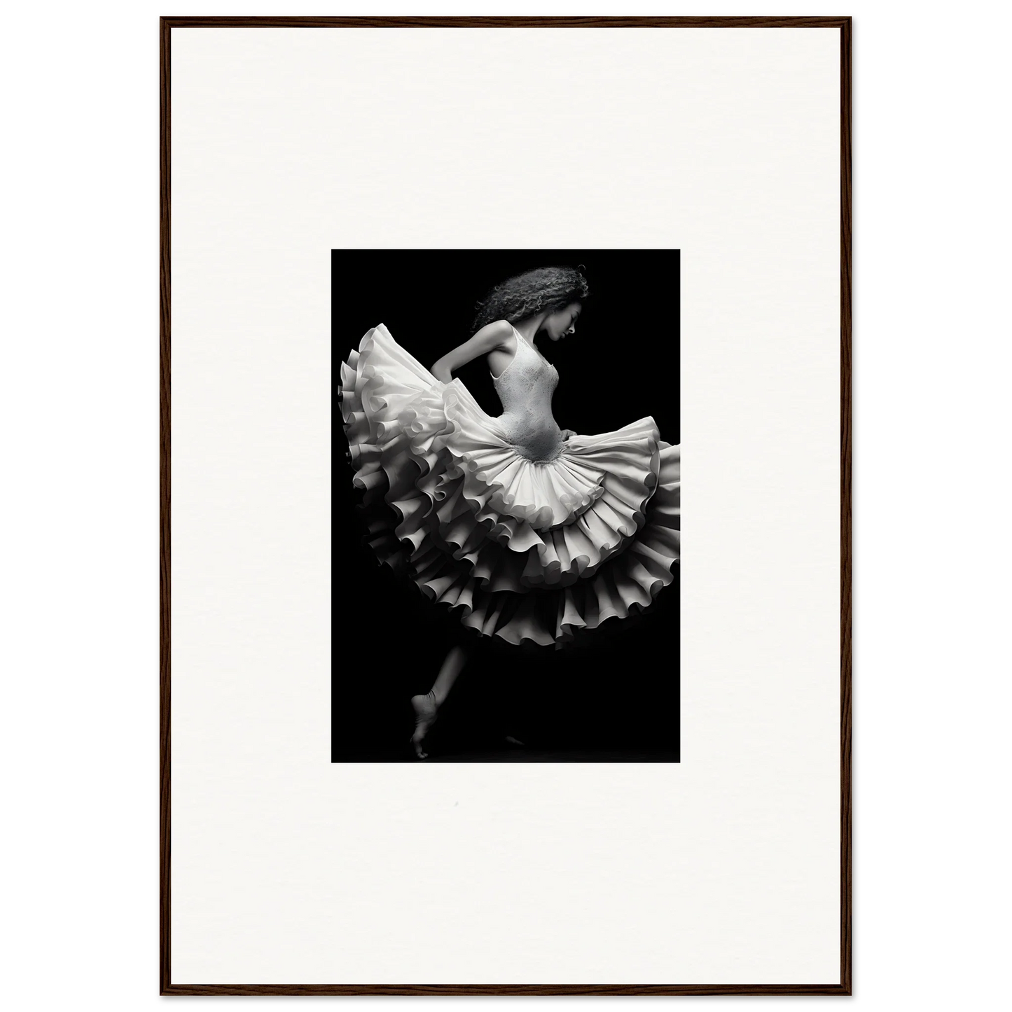 Dancer in a ruffled white dress twirling in Ethereal Waltz Silence framed wall art