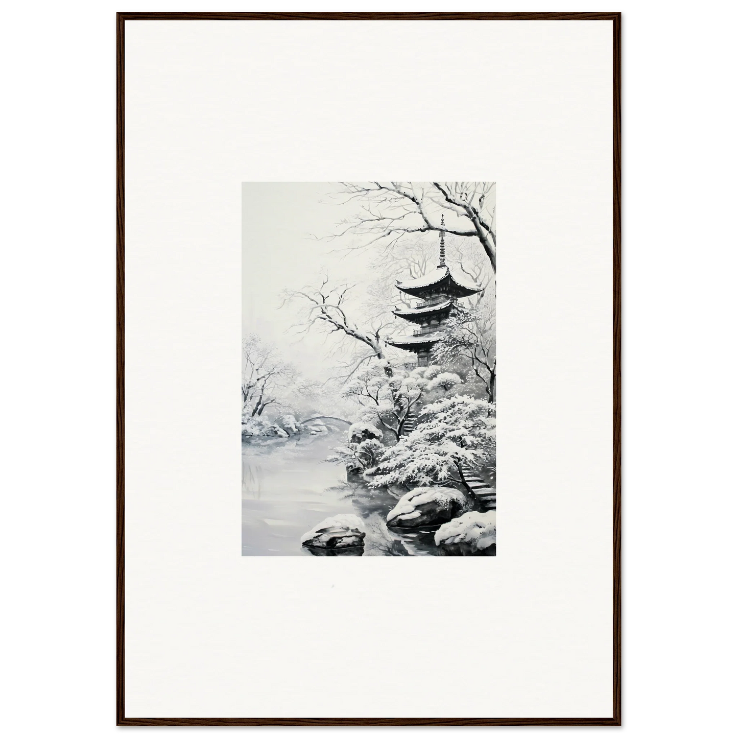 Framed black and white Japanese ink painting of a pagoda for Twilight Rebirth Narrative