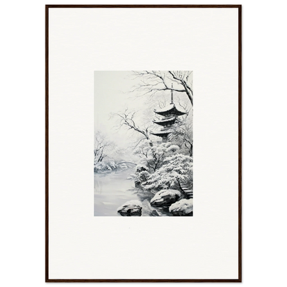 Framed black and white Japanese ink painting of a pagoda for Twilight Rebirth Narrative