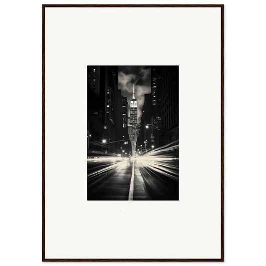 Empire State Building at night with light trails for Fiery Midnight Towers framed wall art