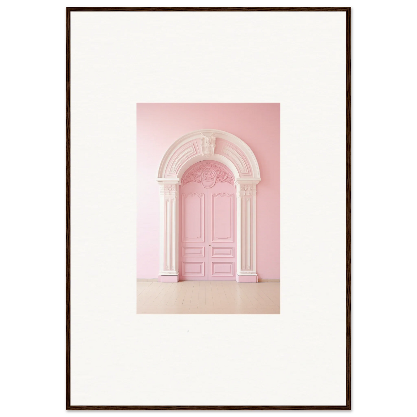 Pink arched doorway with ornate molding in Portal Fantasies Unfurled framed wall art