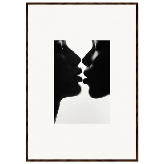 Silhouetted profiles about to kiss in Midnight Kissing Echoes framed wall art