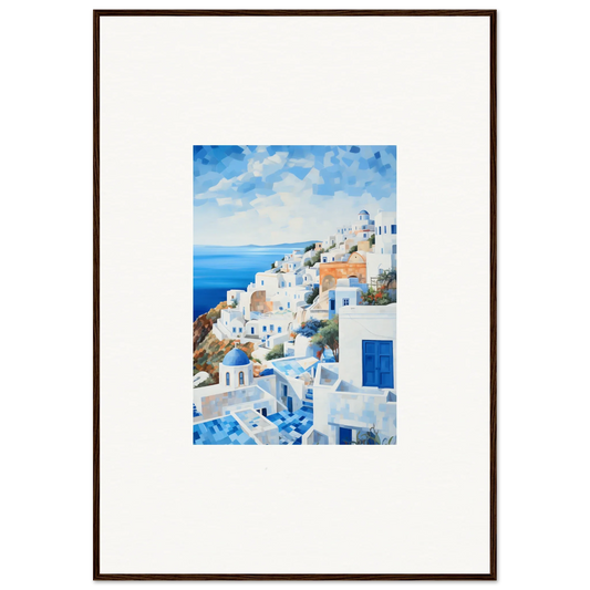 Framed artwork of Santorini’s blue and white buildings in Galaxies Azure Solenduax