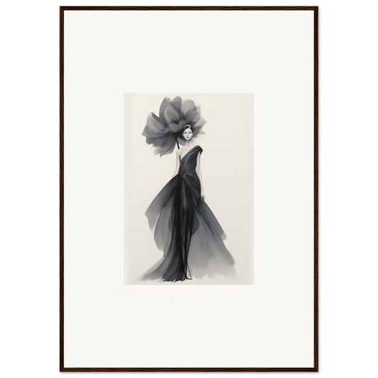 Elegant fashion illustration of a figure in a black evening gown for Curtain Bloom Dance