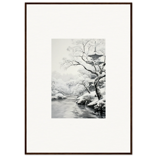 Framed black and white artwork of a snowy landscape in Metaphysical Winter Reverie