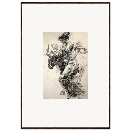 Dynamic black and white sketch of a bull rider in motion for Labyrinthine Spanish Mirage