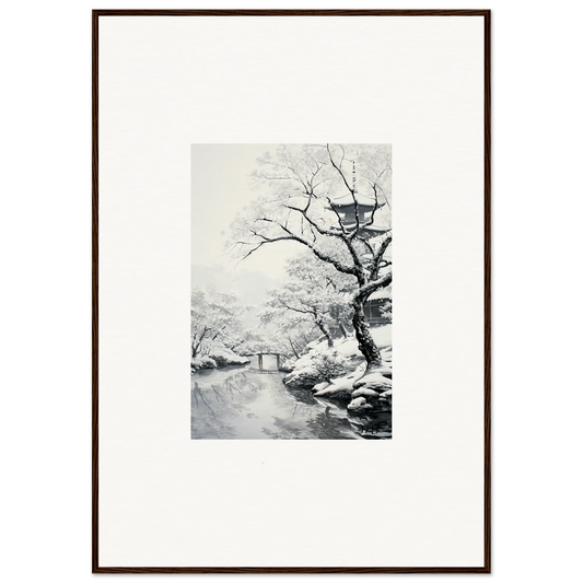 Framed black and white photo of a snow-covered landscape for Chilled Lunar Embrace