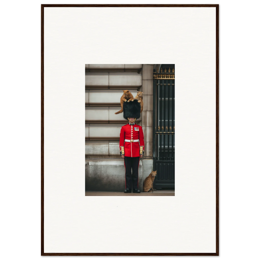 Orange cat lounging on Queen’s Guard uniform in Sensational Sentinels’ Playground art