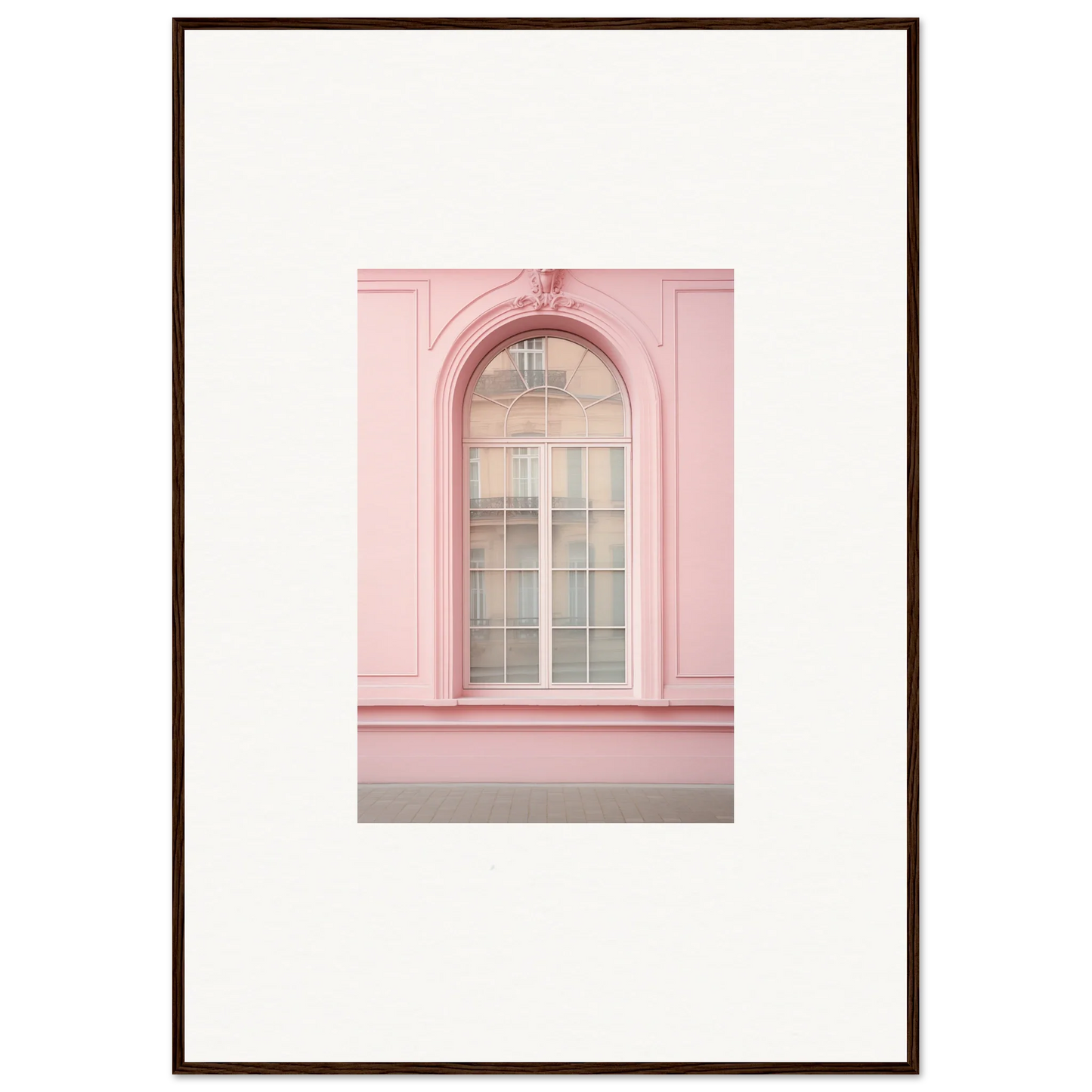 Arched window with white panes on a pink wall in Pink Sonata Vibrations design