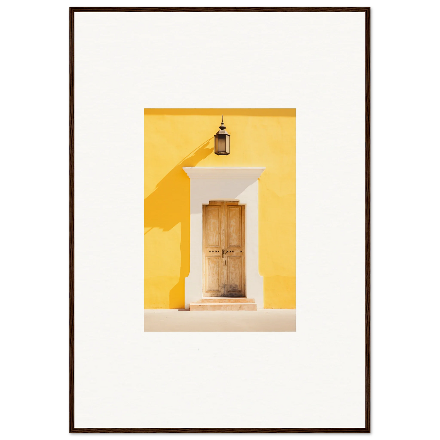 Wooden door with white trim on yellow wall showcasing the Golden Hue Portal art