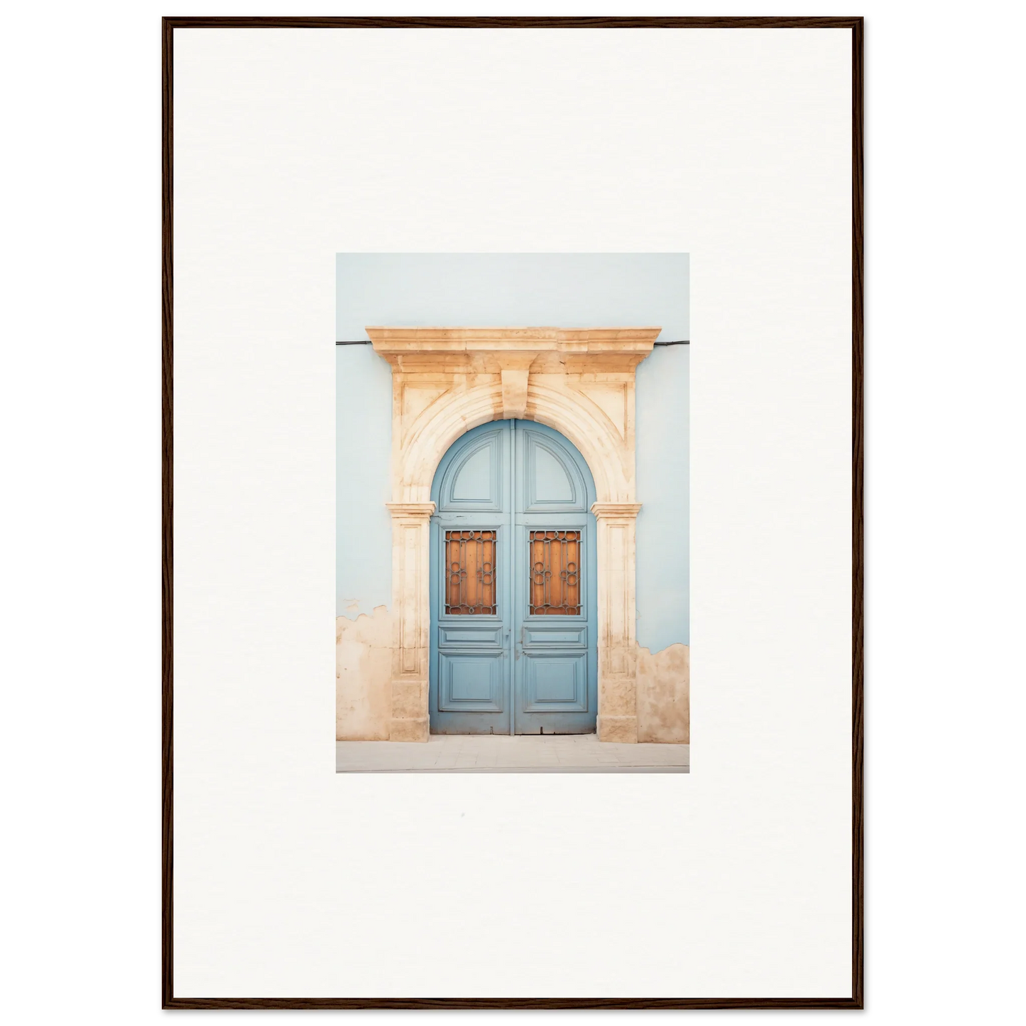 Light blue wooden door with ornate peach stone archway in Threshold of Echoes art