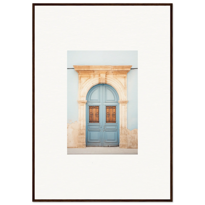 Light blue wooden door with ornate peach stone archway in Threshold of Echoes art