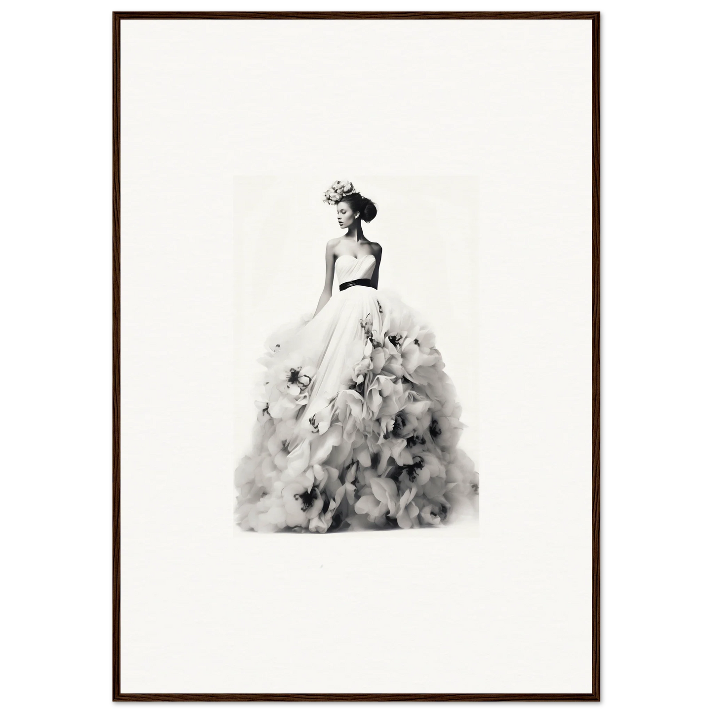 Elegant black and white watercolor of a figure in a ballgown for Dreams Bloom Eternal