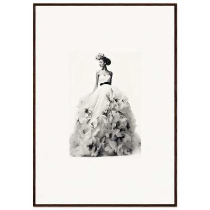 Elegant black and white watercolor of a figure in a ballgown for Dreams Bloom Eternal