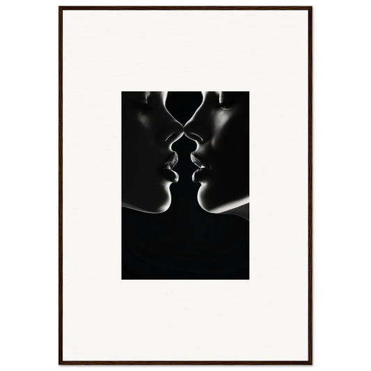 Two silhouettes in a romantic pose for Lips Kissing Echoes framed wall art