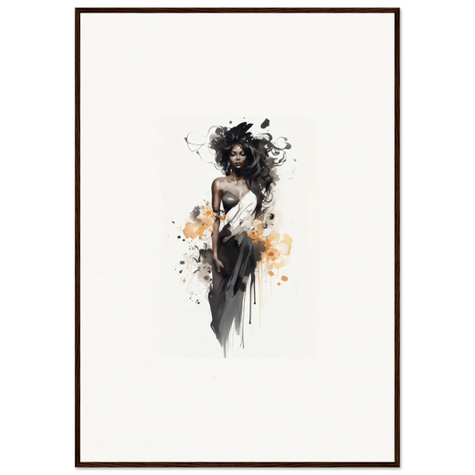 Artistic watercolor and ink illustration in black dress with orange splashes, Harlequin Suns Wash