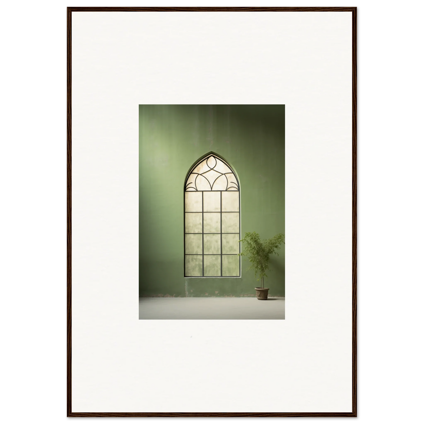 Gothic-style arched window with decorative muntins in Green Crescent premium framed wall art