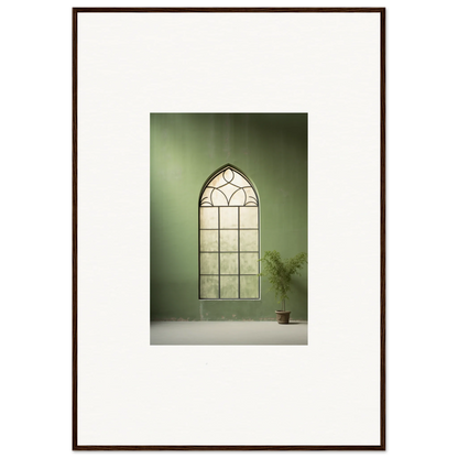 Gothic-style arched window with decorative muntins in Green Crescent premium framed wall art