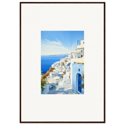 Framed art of Santorini’s white buildings and blue domes for Mediterranean Serenity Remastered