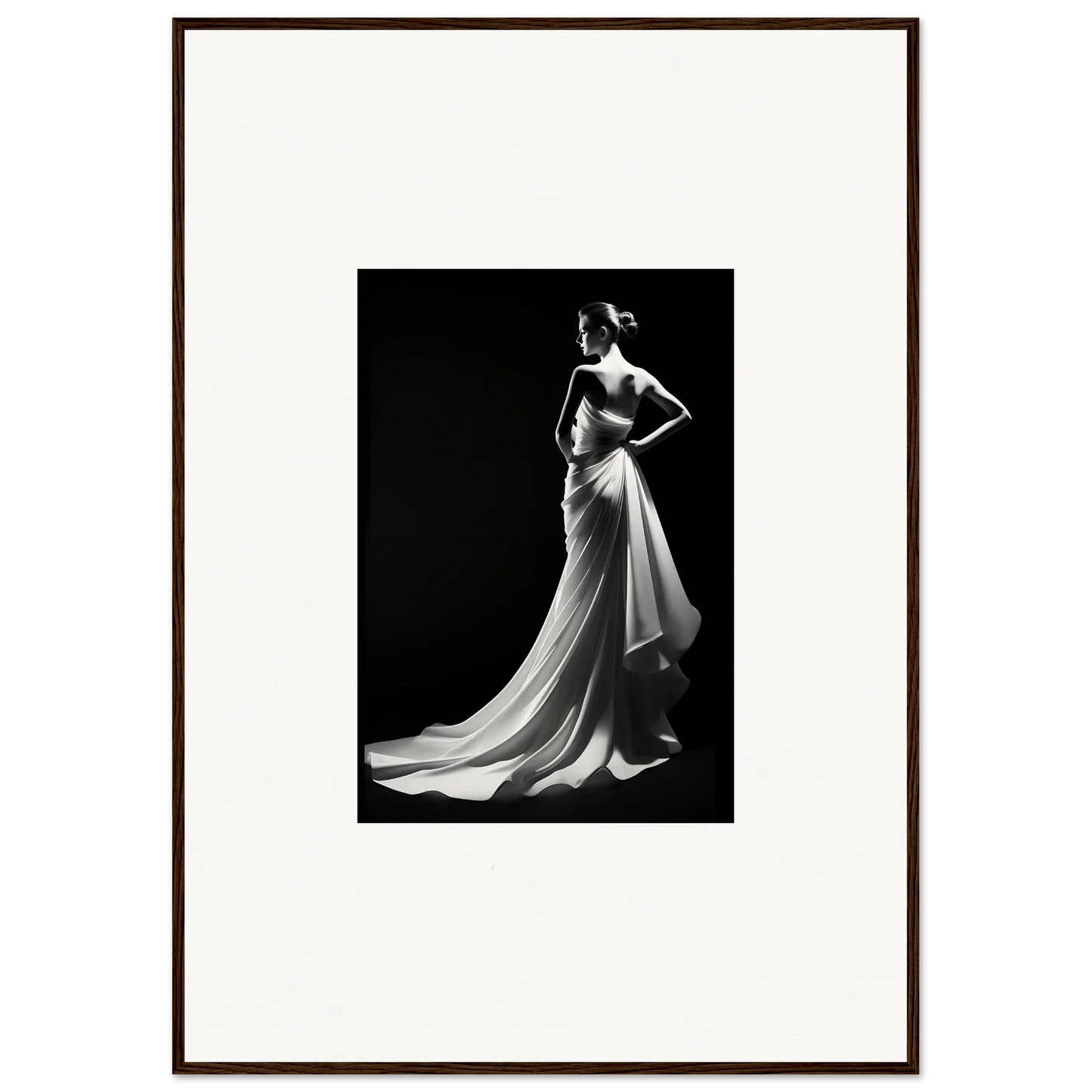 Elegant flowing white gown in stunning black and white showcasing ephemeral grayscale elegance