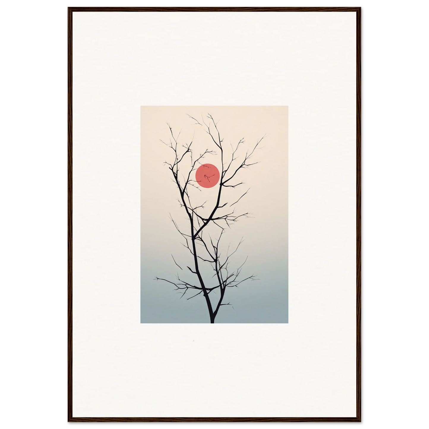 Bare tree branch silhouette against a pink sun for Serene Eclipse wall art