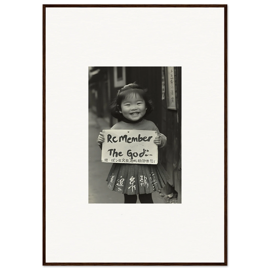 A black and white photo of someone holding a Remember The 80s sign in Sacred Smile Echoes framed wall art