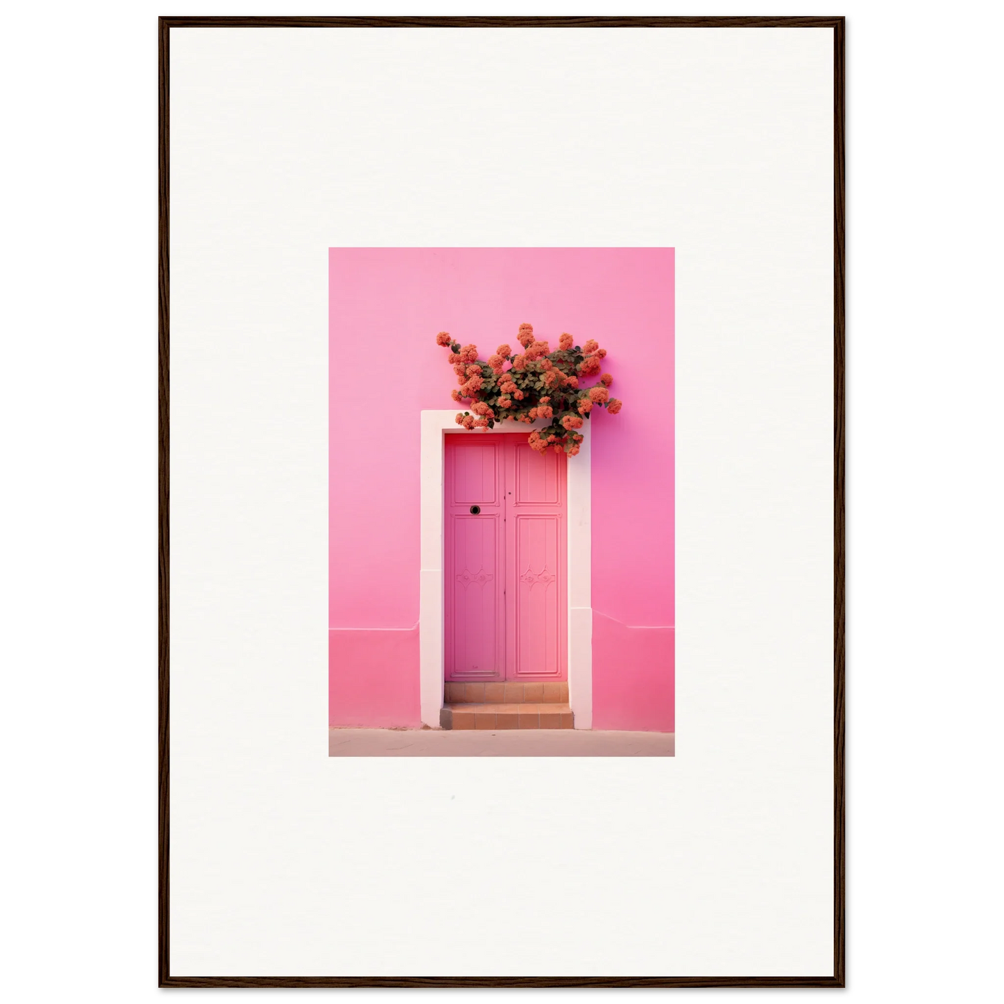 Pink door with red flowers, ideal for Quantum Pink Serenade framed wall art