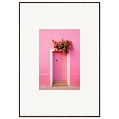 Pink door with red flowers, ideal for Quantum Pink Serenade framed wall art