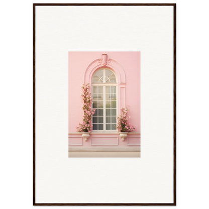 Arched pink window with climbing flowers flanking Vitalose Rose Sonnet art piece